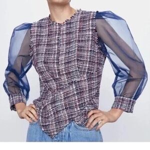 ZARA Tweed Plaid Shirt with Sheer Organza Sleeves Womens- small- NWT